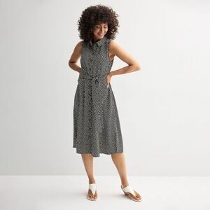 Croft & Barrow Geometric Black & White Midi Belted Shirt Dress Size M